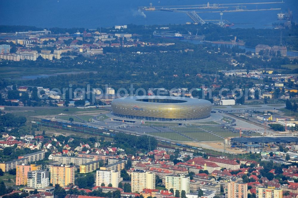 Aerial photograph Gdansk - Danzig - Sports facility grounds of the Arena stadium PGE Arena - Parking Stadionu Energa in the district Letnica in Gdansk - Danzig in Pomorskie, Poland