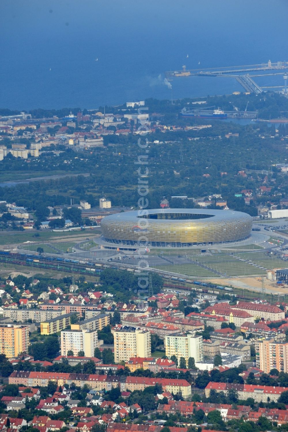 Aerial image Gdansk - Danzig - Sports facility grounds of the Arena stadium PGE Arena - Parking Stadionu Energa in the district Letnica in Gdansk - Danzig in Pomorskie, Poland