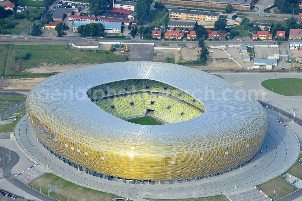 Aerial image Gdansk - Danzig - Sports facility grounds of the Arena stadium PGE Arena - Parking Stadionu Energa in the district Letnica in Gdansk - Danzig in Pomorskie, Poland