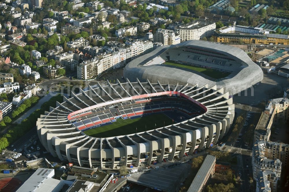 Aerial image Paris Boulogne-Billancourt - Sports facility grounds of the arena of the stadium Parc des Princes on Rue du Commandant Guilbaud in Paris Boulogne-Billancourt, Ile-de-France, France
