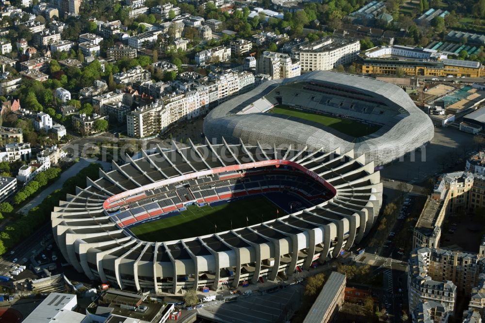 Paris Boulogne-Billancourt from above - Sports facility grounds of the arena of the stadium Parc des Princes on Rue du Commandant Guilbaud in Paris Boulogne-Billancourt, Ile-de-France, France