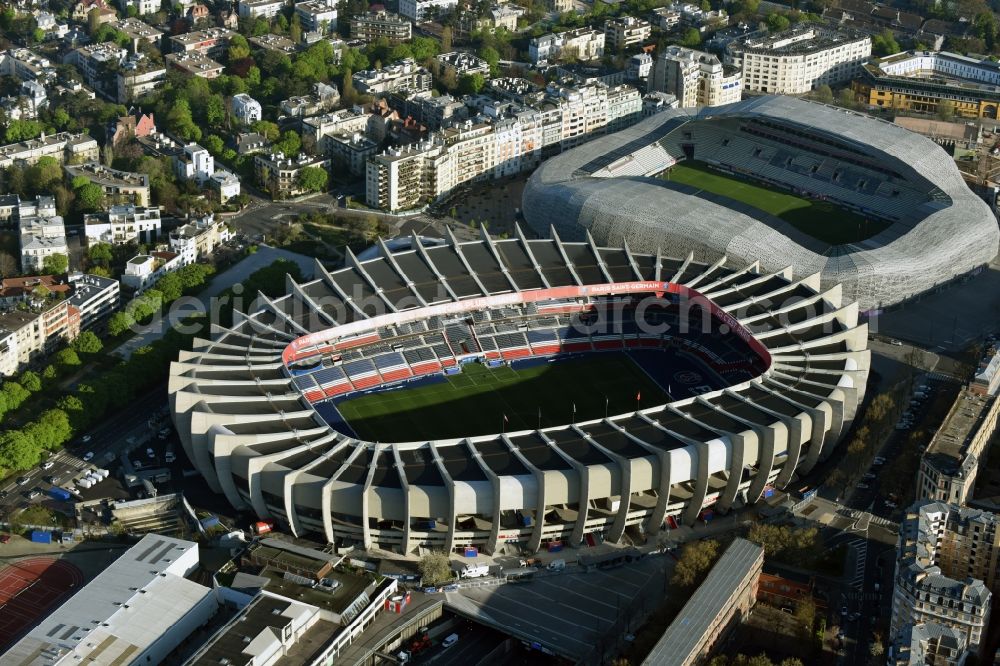 Aerial image Paris - Sports facility grounds of the arena of the stadium Parc des Princes on Rue du Commandant Guilbaud in Paris Boulogne-Billancourt, Ile-de-France, France