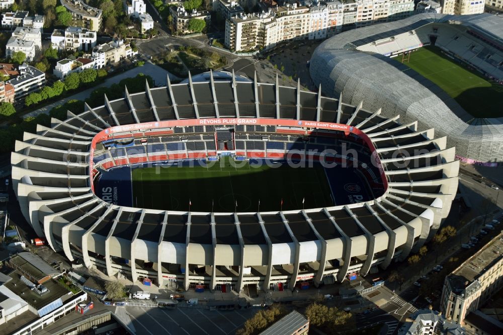 Aerial photograph Paris - Sports facility grounds of the arena of the stadium Parc des Princes on Rue du Commandant Guilbaud in Paris Boulogne-Billancourt, Ile-de-France, France