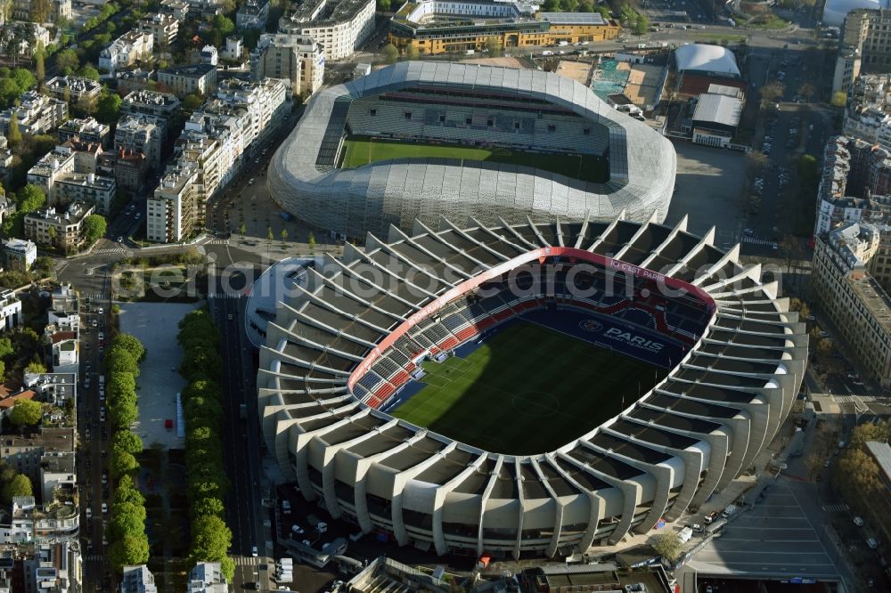 Aerial photograph Paris - Sports facility grounds of the arena of the stadium Parc des Princes on Rue du Commandant Guilbaud in Paris Boulogne-Billancourt, Ile-de-France, France
