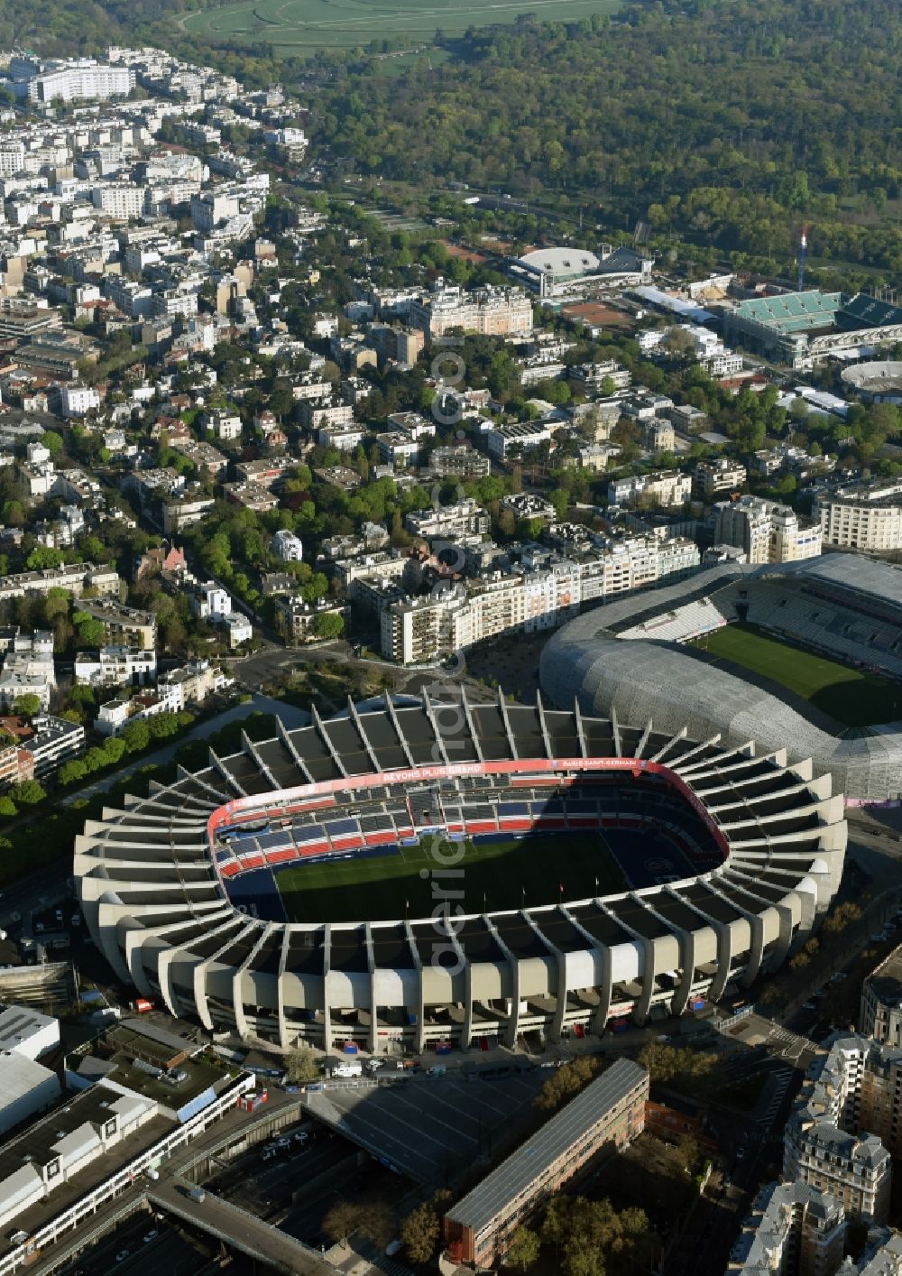 Aerial image Paris - Sports facility grounds of the arena of the stadium Parc des Princes on Rue du Commandant Guilbaud in Paris Boulogne-Billancourt, Ile-de-France, France