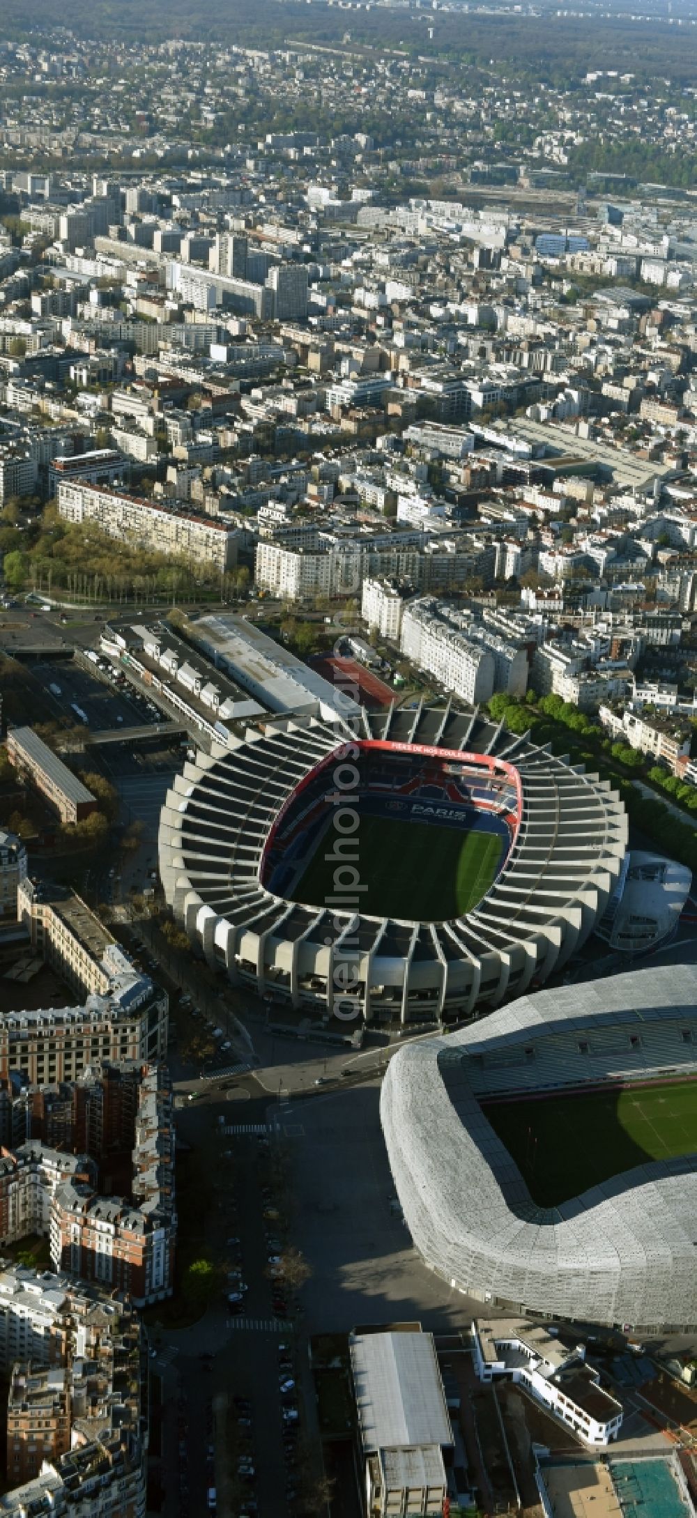Paris from the bird's eye view: Sports facility grounds of the arena of the stadium Parc des Princes on Rue du Commandant Guilbaud in Paris Boulogne-Billancourt, Ile-de-France, France