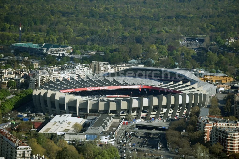 Paris from above - Sports facility grounds of the arena of the stadium Parc des Princes on Rue du Commandant Guilbaud in Paris Boulogne-Billancourt, Ile-de-France, France