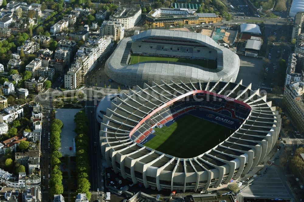 Paris from the bird's eye view: Sports facility grounds of the arena of the stadium Parc des Princes on Rue du Commandant Guilbaud in Paris Boulogne-Billancourt, Ile-de-France, France