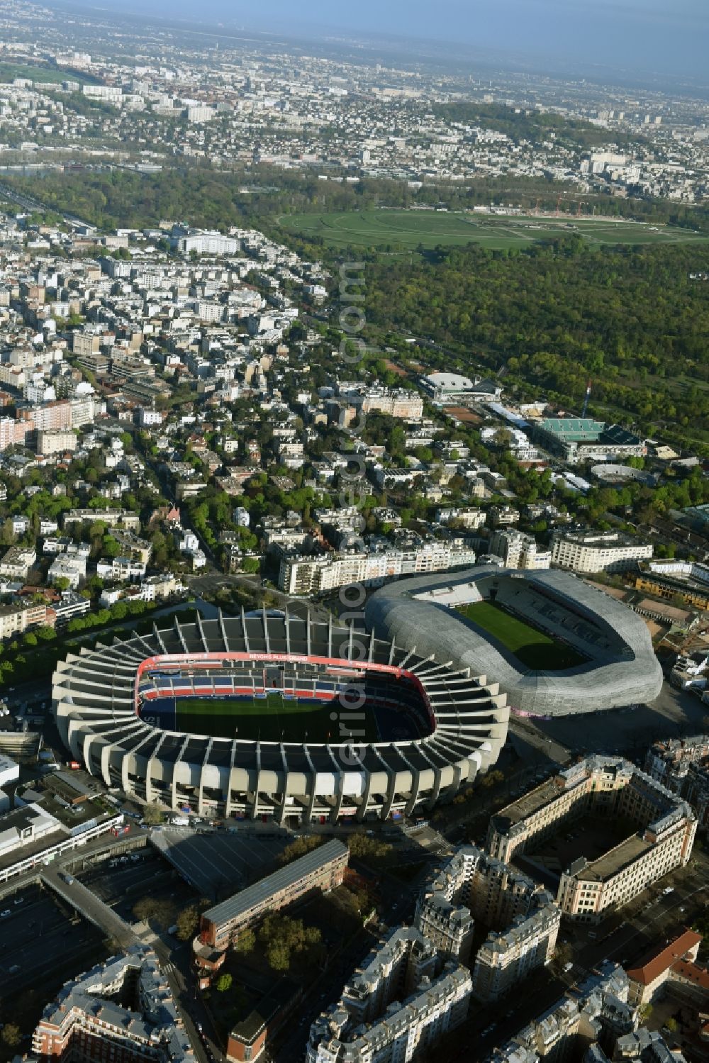 Paris from above - Sports facility grounds of the arena of the stadium Parc des Princes on Rue du Commandant Guilbaud in Paris Boulogne-Billancourt, Ile-de-France, France