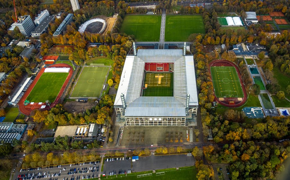 Köln from the bird's eye view: Sports facility grounds of the Arena stadium RheinEnergieSTADION in the district Lindenthal in Cologne in the state North Rhine-Westphalia, Germany