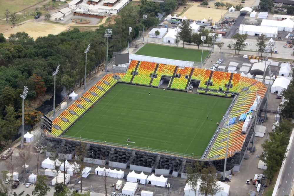 Aerial image Rio de Janeiro - Sports facility grounds of the Arena stadium Deodoro Stadium in Rio de Janeiro in Brazil. The temporary Deodoro Stadium, built around an existing polo field, will host the Rio 2016 rugby competition, as well as the equestrian and combined running and shooting sections of the modern pentathlon