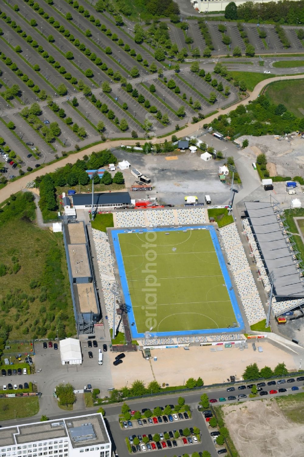 Aerial image Mönchengladbach - Sports facility grounds of the Arena stadium SparkassenPark Moenchengladbach Am Hockeypark in Moenchengladbach in the state North Rhine-Westphalia, Germany
