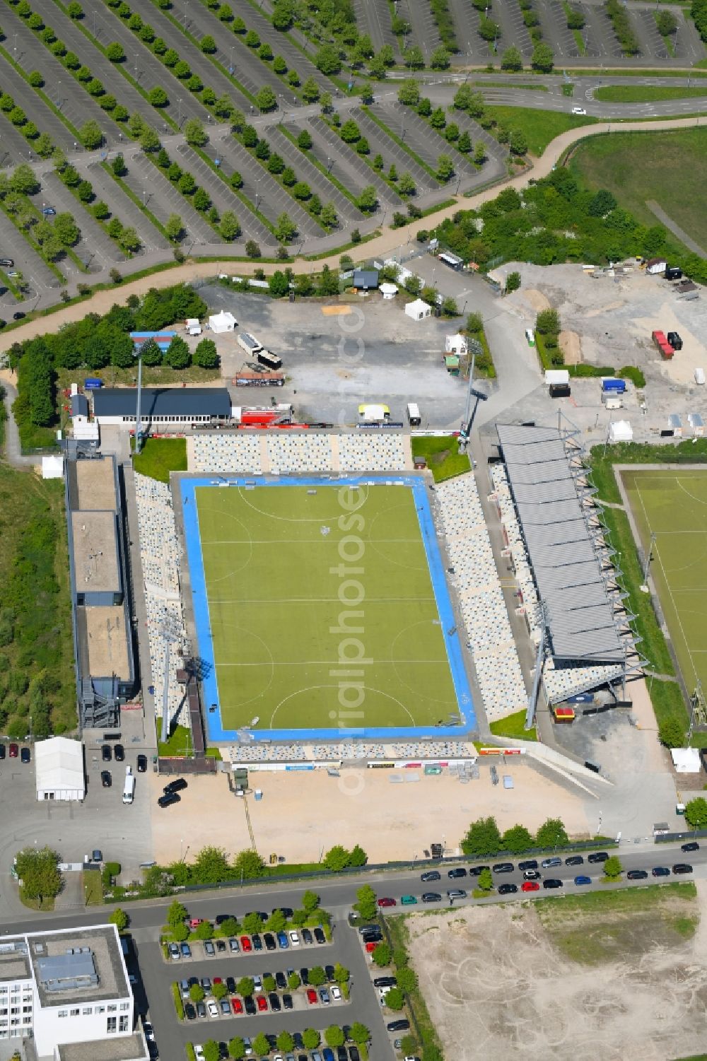 Aerial photograph Mönchengladbach - Sports facility grounds of the Arena stadium SparkassenPark Moenchengladbach Am Hockeypark in Moenchengladbach in the state North Rhine-Westphalia, Germany