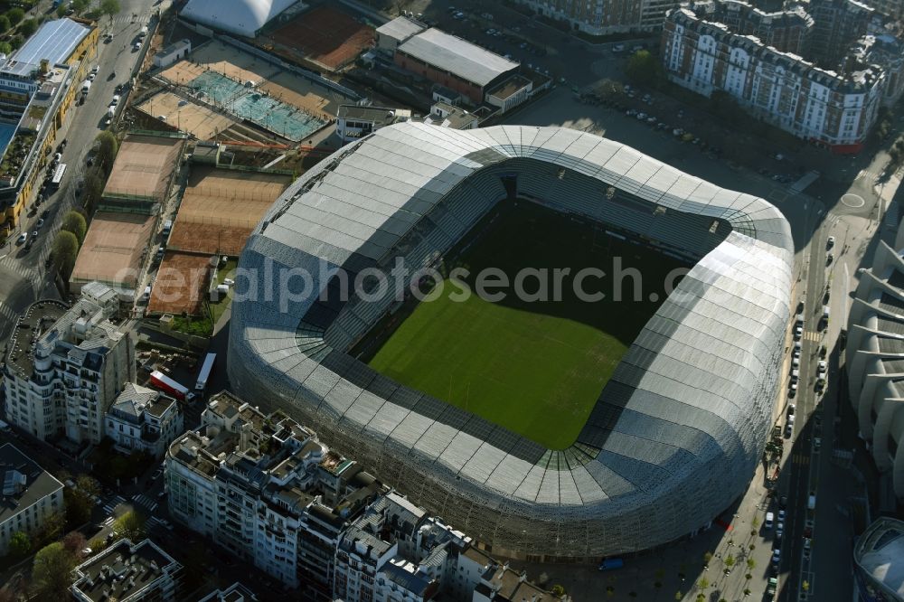 Paris from the bird's eye view: Sports facility grounds of the Arena stadium Stade Jean Bouin on Avenue du General Sarrail in Paris in Ile-de-France, France
