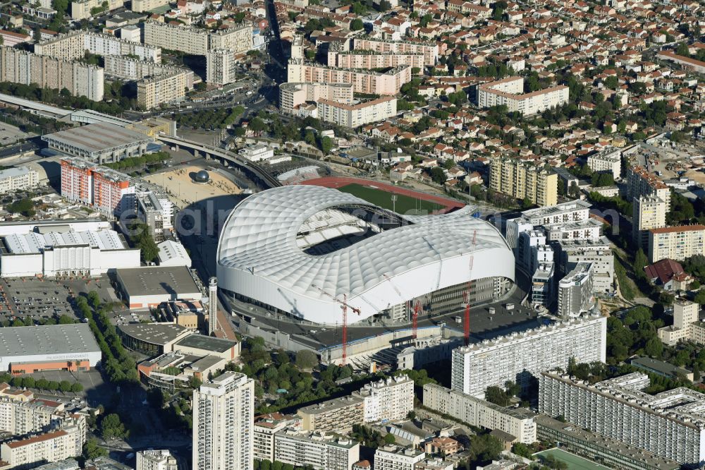 Marseille from the bird's eye view: Sports facility grounds of the Arena stadium Stade Orange Velodrome on street Boulevard Michelet in Marseille in Provence-Alpes-Cote d'Azur, France