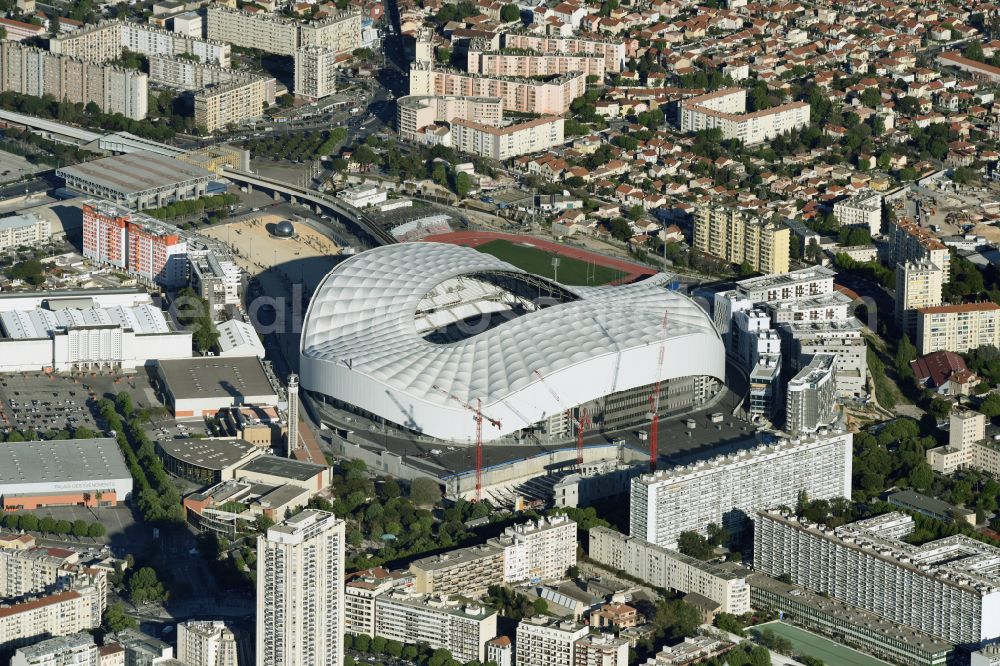 Aerial image Marseille - Sports facility grounds of the Arena stadium Stade Orange Velodrome on street Boulevard Michelet in Marseille in Provence-Alpes-Cote d'Azur, France