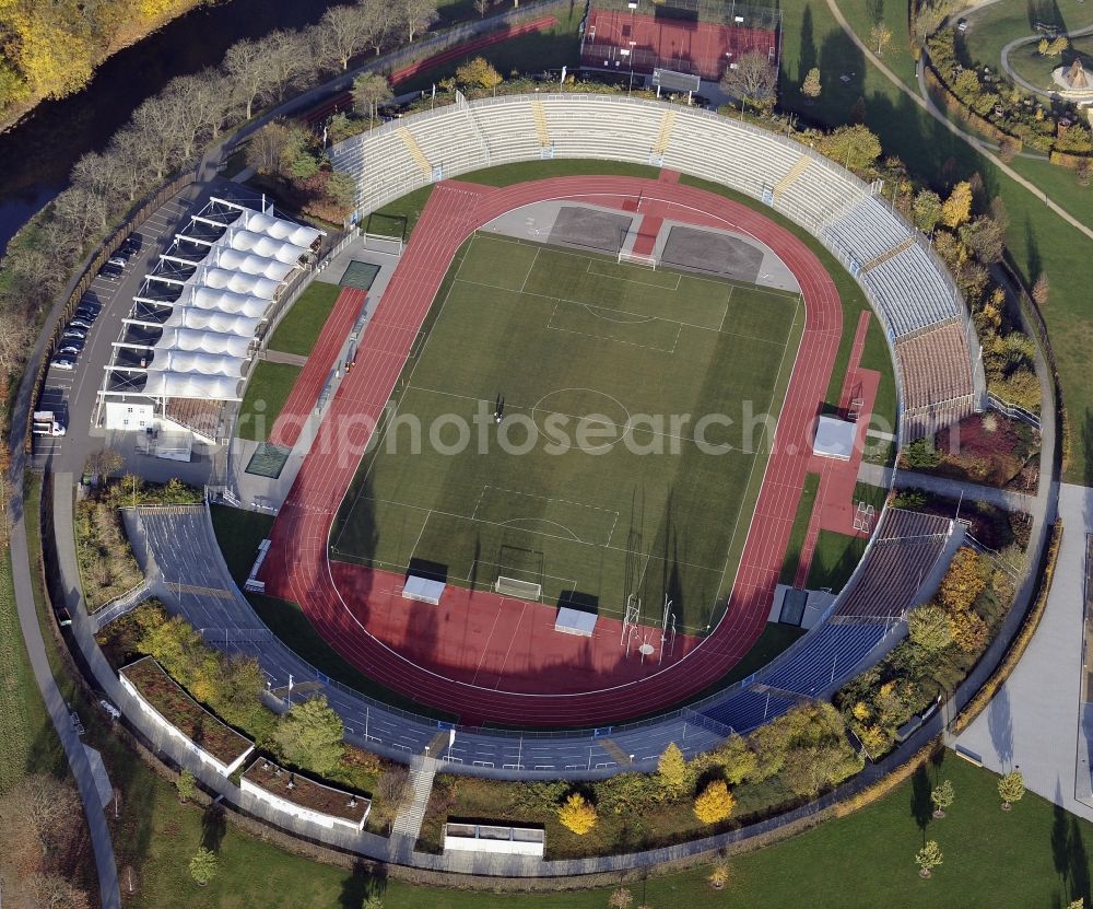 Gera from above - Sports facility grounds of the Arena stadium Stadion of Freandschaft of BSG Wismut Gera on park Hofwiesenpark in Gera in the state Thuringia, Germany