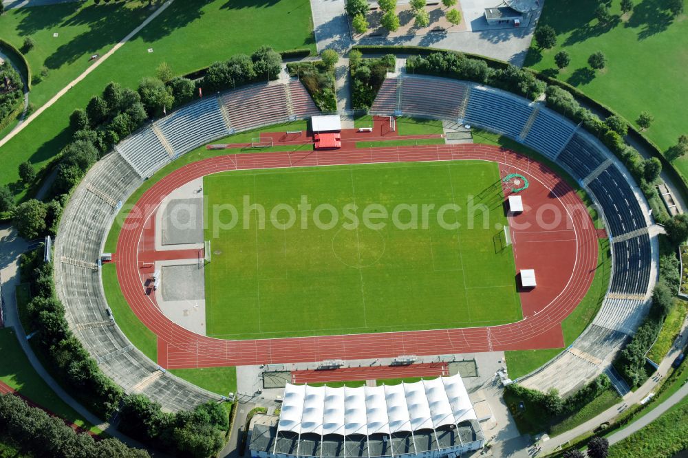 Gera from above - Sports facility grounds of the Arena stadium Stadion of Freandschaft of BSG Wismut Gera in Gera in the state Thuringia, Germany