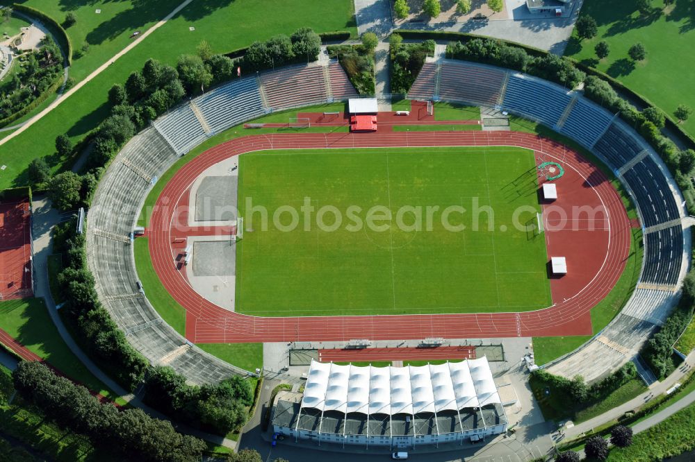 Gera from the bird's eye view: Sports facility grounds of the Arena stadium Stadion of Freandschaft of BSG Wismut Gera in Gera in the state Thuringia, Germany