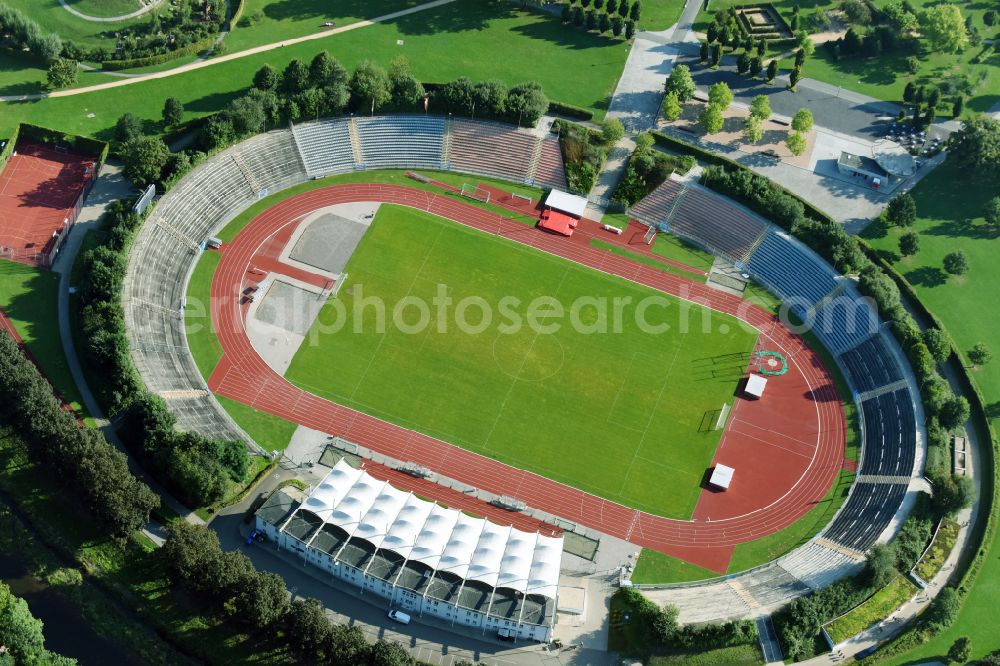 Aerial image Gera - Sports facility grounds of the Arena stadium Stadion of Freandschaft of BSG Wismut Gera in Gera in the state Thuringia, Germany