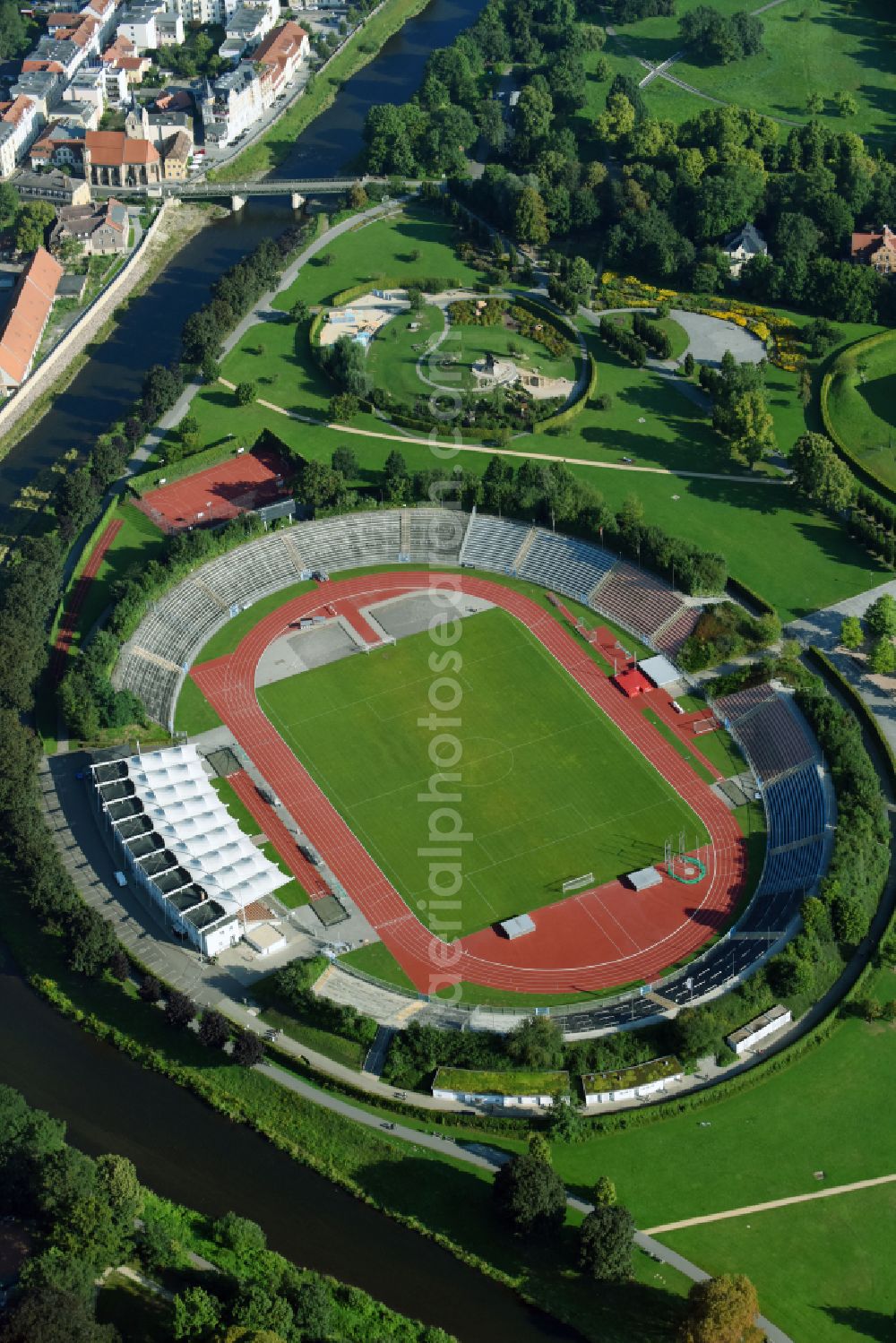 Gera from the bird's eye view: Sports facility grounds of the Arena stadium Stadion of Freandschaft of BSG Wismut Gera in Gera in the state Thuringia, Germany
