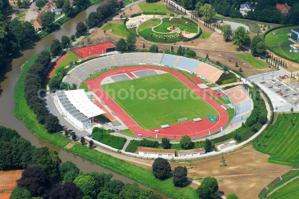 Gera from the bird's eye view: Sports facility grounds of the Arena stadium Stadion of Freandschaft of BSG Wismut Gera on park Hofwiesenpark in Gera in the state Thuringia, Germany