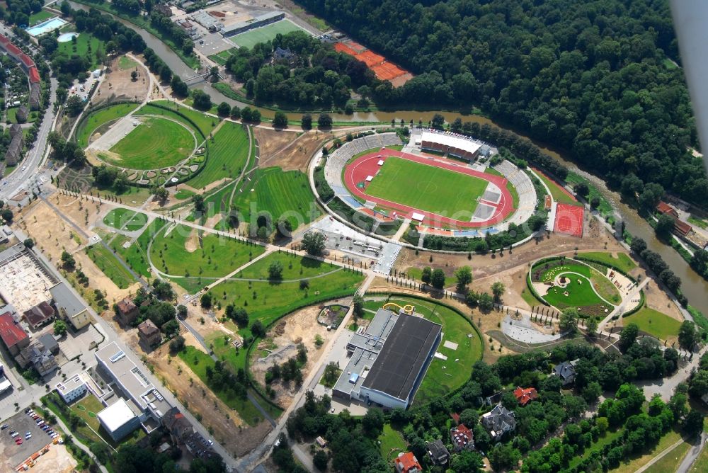 Aerial photograph Gera - Sports facility grounds of the Arena stadium Stadion of Freandschaft of BSG Wismut Gera on park Hofwiesenpark in Gera in the state Thuringia, Germany