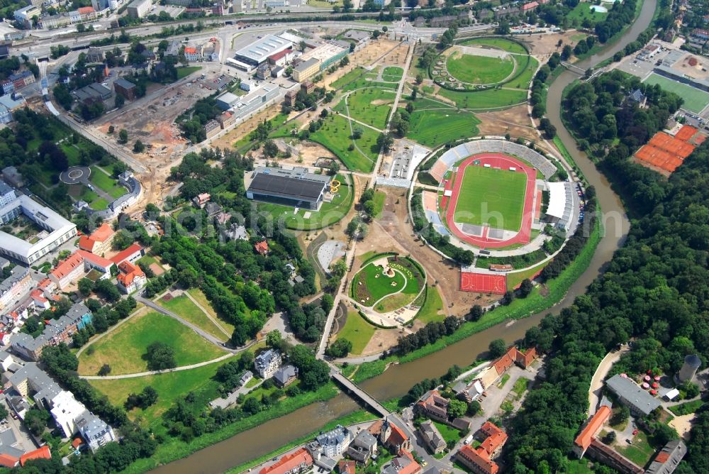 Gera from above - Sports facility grounds of the Arena stadium Stadion of Freandschaft of BSG Wismut Gera on park Hofwiesenpark in Gera in the state Thuringia, Germany