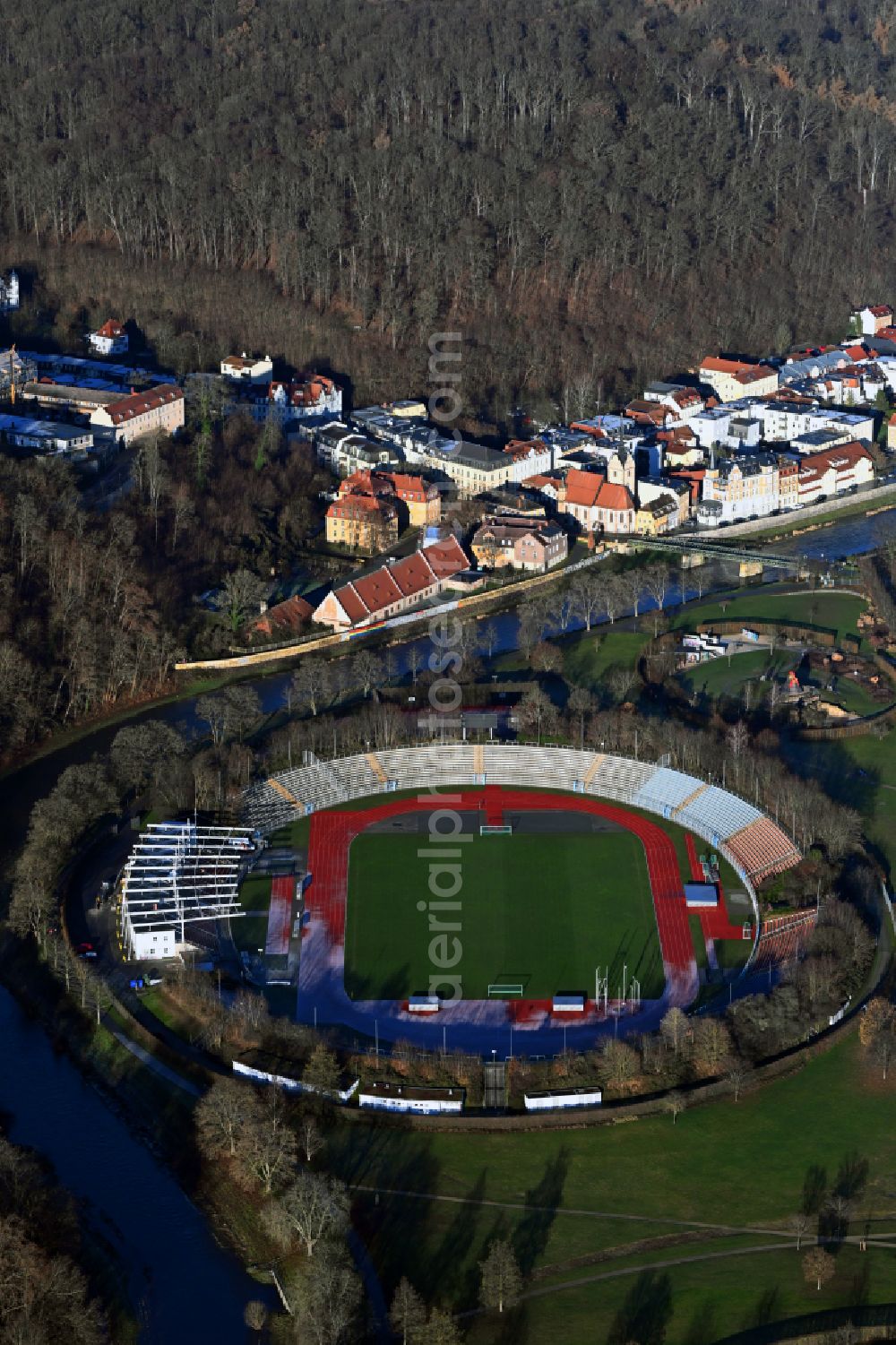 Gera from above - Sports facility grounds of the Arena stadium Stadion of Freandschaft of BSG Wismut Gera in Gera in the state Thuringia, Germany