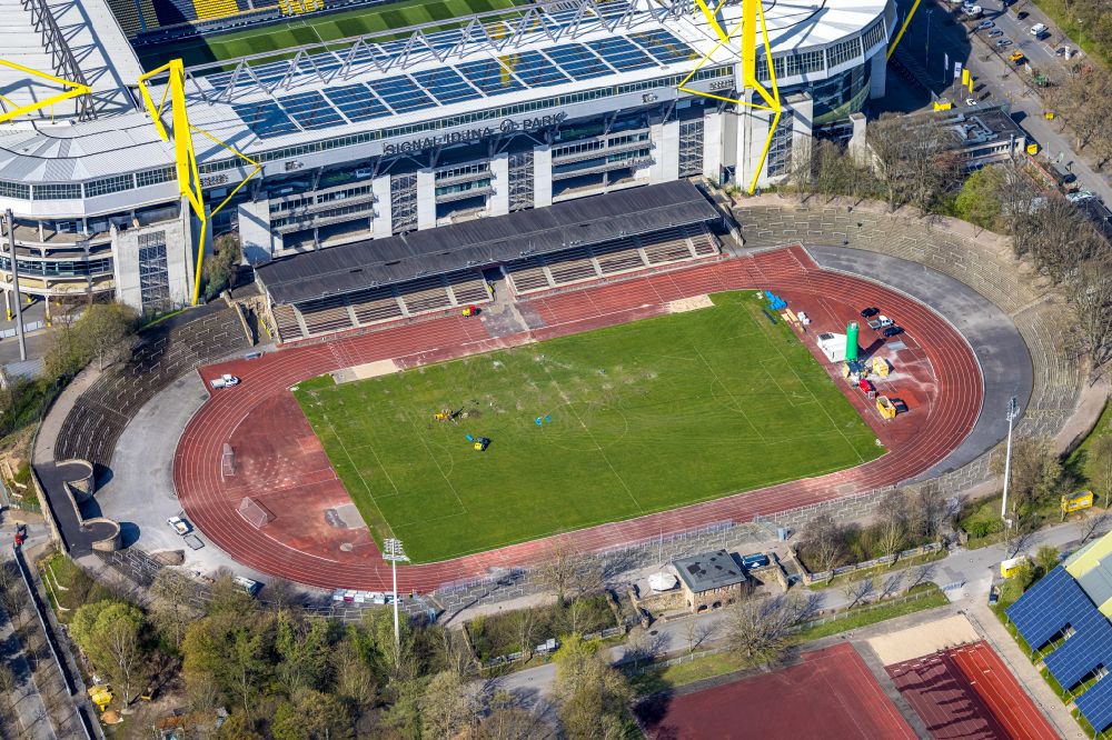 Aerial image Dortmund - Sports facility grounds of the Arena stadium Stadion Rote Erde on Strobelallee in Dortmund in the state North Rhine-Westphalia, Germany