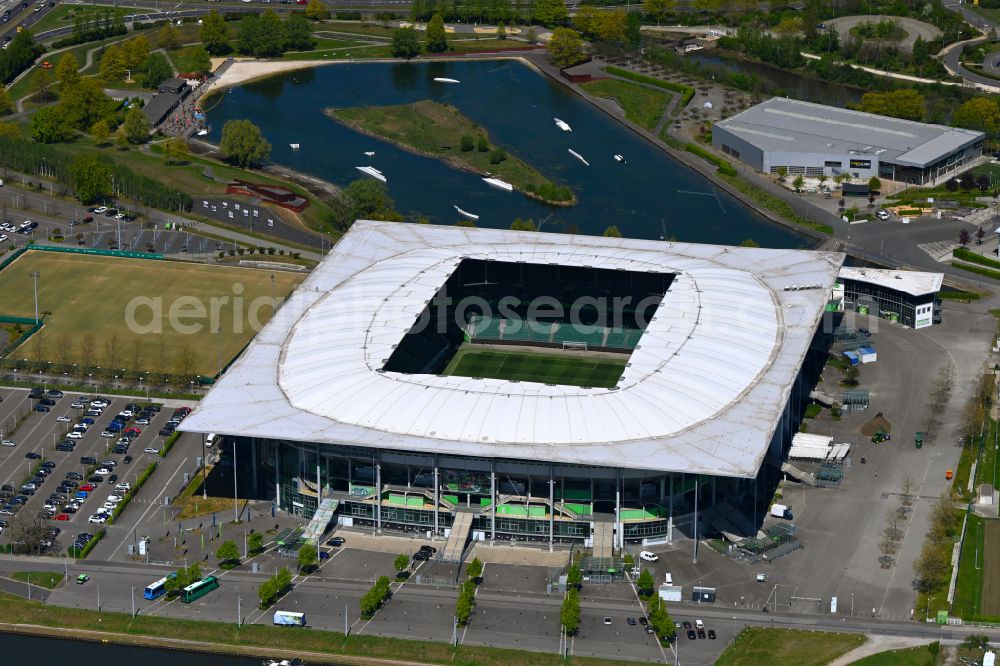 Aerial photograph Wolfsburg - Grounds of the Arena stadium Volkswagen Arena In den Allerwiesen in the district Sonderbezirk in Wolfsburg in the state Lower Saxony, Germany