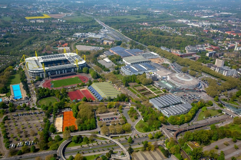 Dortmund from the bird's eye view: Sports facility grounds of the Arena stadium in Dortmund in the state North Rhine-Westphalia