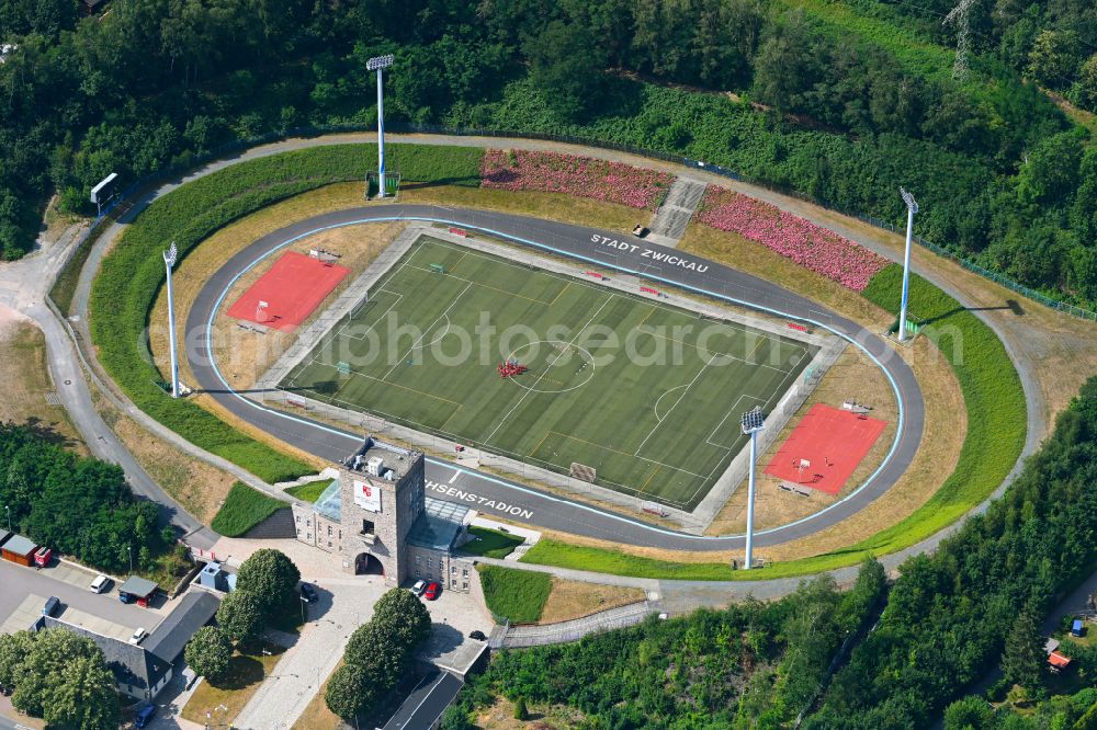 Zwickau from above - Sports facility grounds of the Arena stadium Westsachsenstadion on street Geinitzstrasse in Zwickau in the state Saxony, Germany