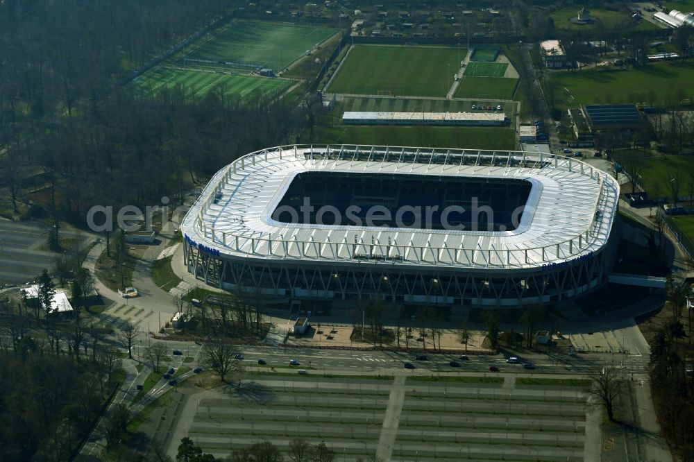Karlsruhe from the bird's eye view: Sports facility grounds of the KSC Wildparkstadion stadium on the Adenauerring street in Karlsruhe in the state Baden-Wuerttemberg, Germany