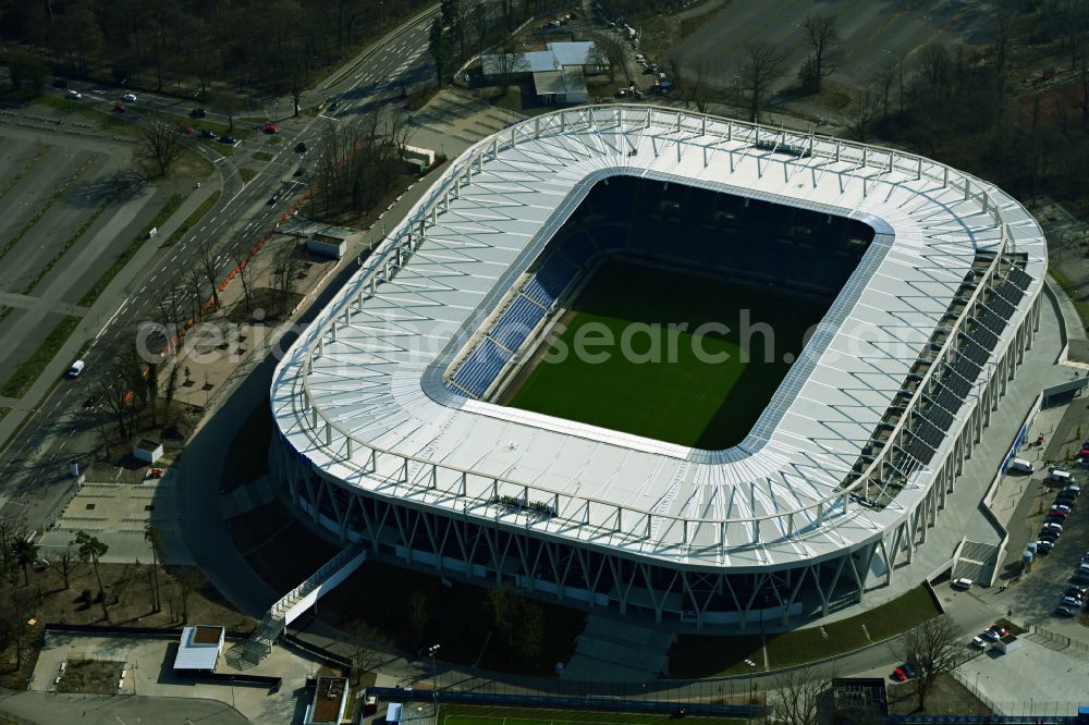 Aerial photograph Karlsruhe - Sports facility grounds of the KSC Wildparkstadion stadium on the Adenauerring street in Karlsruhe in the state Baden-Wuerttemberg, Germany