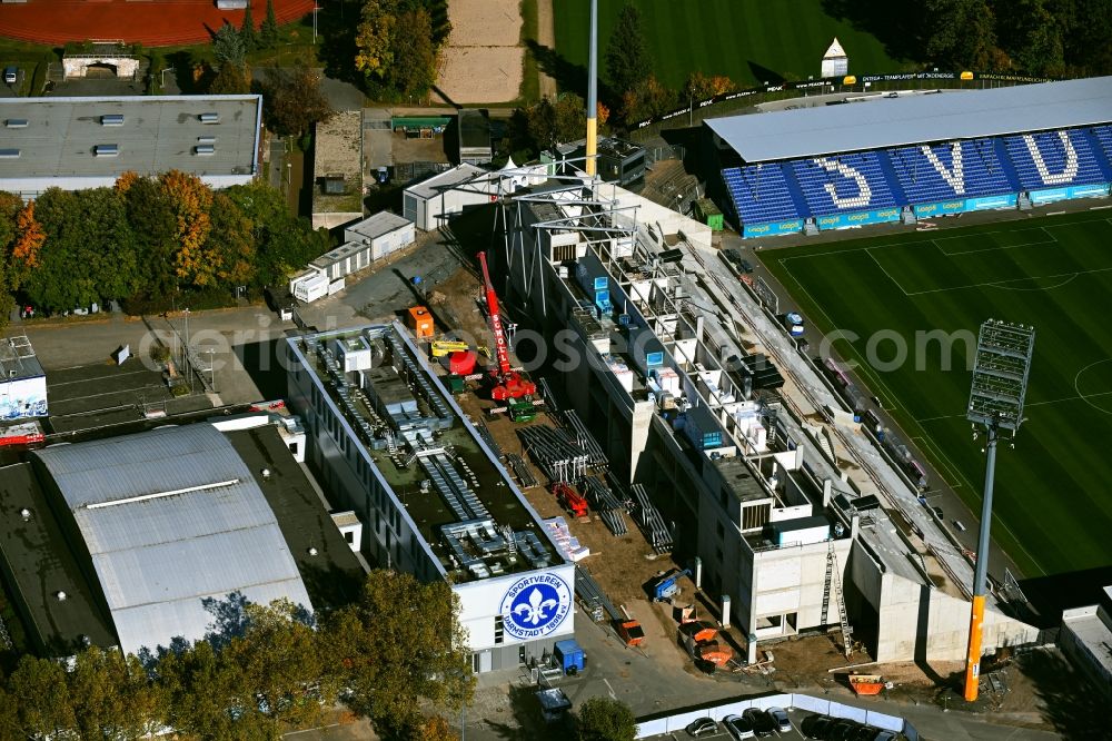 Darmstadt from above - New construction of the grandstand at the football stadium of the Merck Stadium at Boellenfalltor of SV Darmstadt 1898 e.V. in Darmstadt in the state Hesse, Germany