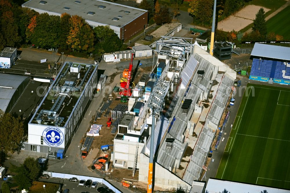 Aerial image Darmstadt - New construction of the grandstand at the football stadium of the Merck Stadium at Boellenfalltor of SV Darmstadt 1898 e.V. in Darmstadt in the state Hesse, Germany