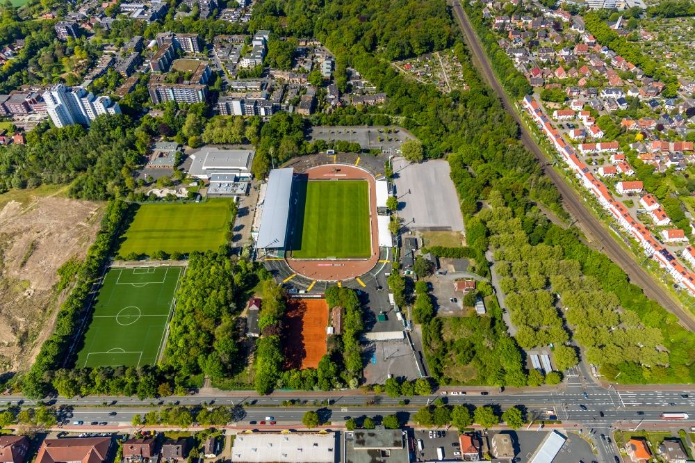 Münster from above - Sports facility grounds of the Arena of Prussia Stadium in Muenster in North Rhine-Westphalia