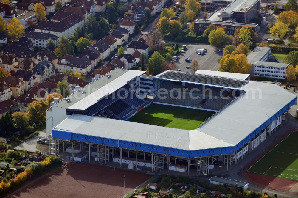 Bielefeld from above - Sports facility grounds of the Arena stadium SchuecoArena on Melanchthonstrasse in Bielefeld in the state North Rhine-Westphalia, Germany