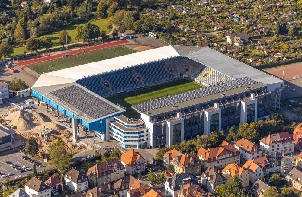 Aerial image Bielefeld - Sports facility grounds of the Arena stadium SchuecoArena on Melanchthonstrasse in Bielefeld in the state North Rhine-Westphalia, Germany