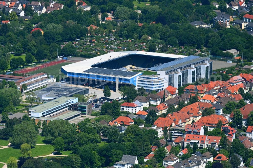 Aerial image Bielefeld - Sports facility grounds of the Arena stadium SchuecoArena on Melanchthonstrasse in Bielefeld in the state North Rhine-Westphalia, Germany