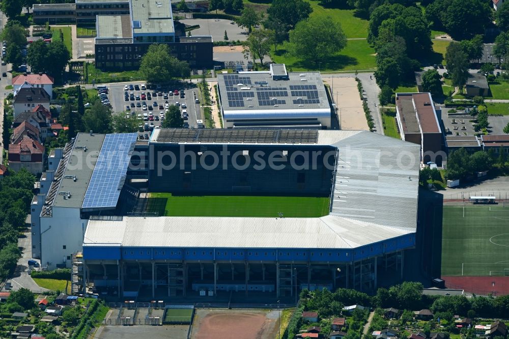 Bielefeld from above - Sports facility grounds of the Arena stadium SchuecoArena on Melanchthonstrasse in Bielefeld in the state North Rhine-Westphalia, Germany
