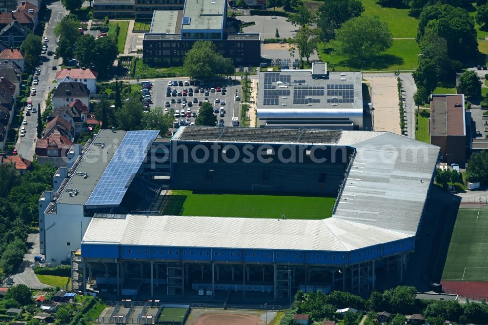 Bielefeld from the bird's eye view: Sports facility grounds of the Arena stadium SchuecoArena on Melanchthonstrasse in Bielefeld in the state North Rhine-Westphalia, Germany