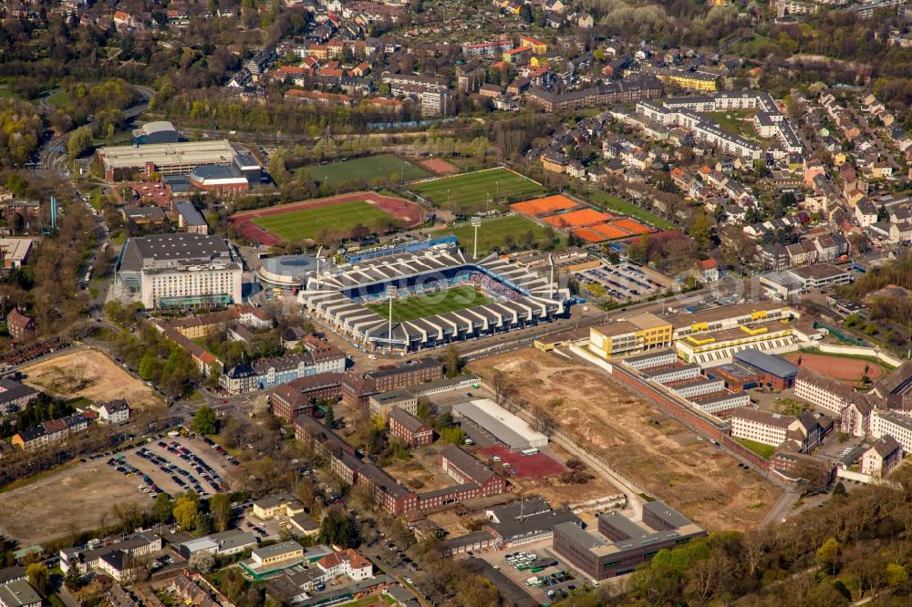 Aerial image Bochum - Sports facility grounds of the Arena stadium rewirpowerSTADION formerly Ruhrstadion on Castroper Strasse in Bochum in the state North Rhine-Westphalia