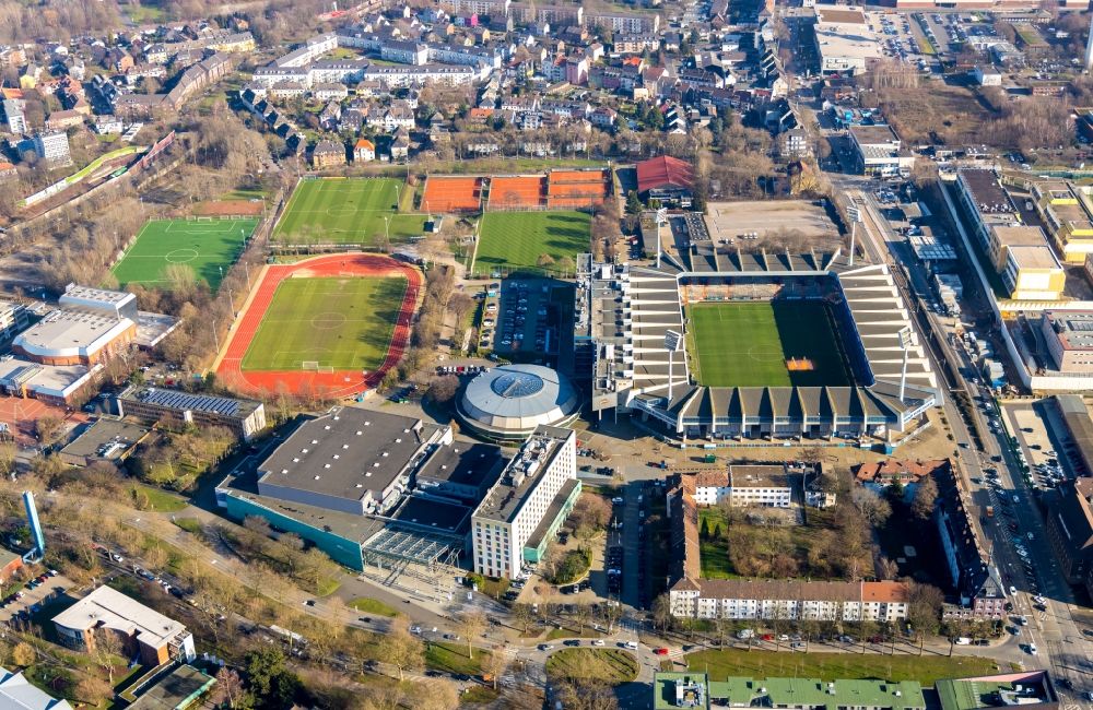 Aerial photograph Bochum - Sports facility grounds of the Arena stadium rewirpowerSTADION formerly Ruhrstadion on Castroper Strasse in Bochum in the state North Rhine-Westphalia