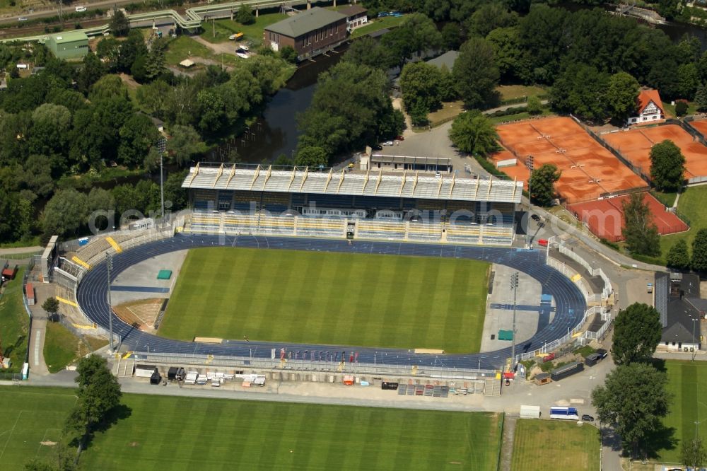 Jena from the bird's eye view: Sports facility grounds of stadium Ernst-Abbe-Sportfeld in of Oberaue in Jena in the state Thuringia, Germany