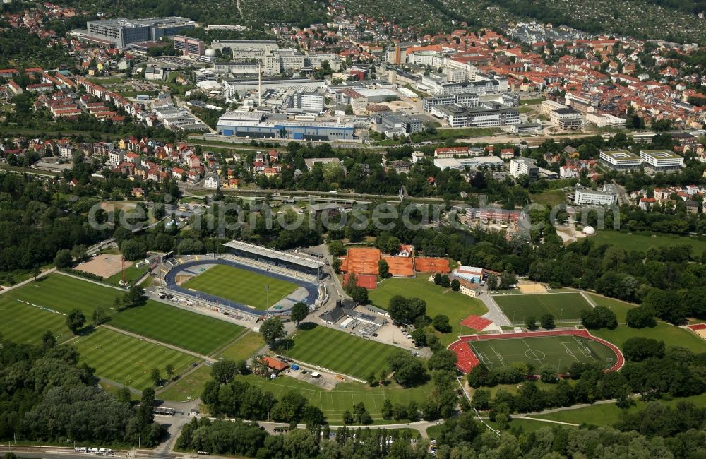 Aerial image Jena - Sports facility grounds of stadium Ernst-Abbe-Sportfeld in Oberaue in Jena in the state Thuringia, Germany