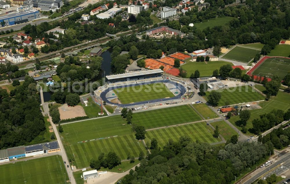 Aerial photograph Jena - Sports facility grounds of stadium Ernst-Abbe-Sportfeld in Oberaue in Jena in the state Thuringia, Germany