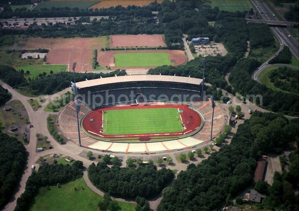 Gelsenkirchen from the bird's eye view: Sports facility grounds of stadium Glueckauf in Gelsenkirchen in the state North Rhine-Westphalia, Germany