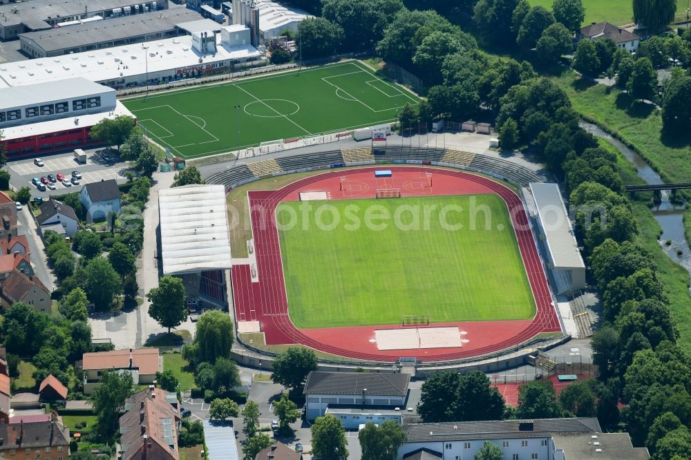 Aerial photograph Bayreuth - Sports facility grounds of stadium Hans-Walter-Wild-Stadion on Friedrich-Ebert-Strasse in Bayreuth in the state Bavaria, Germany